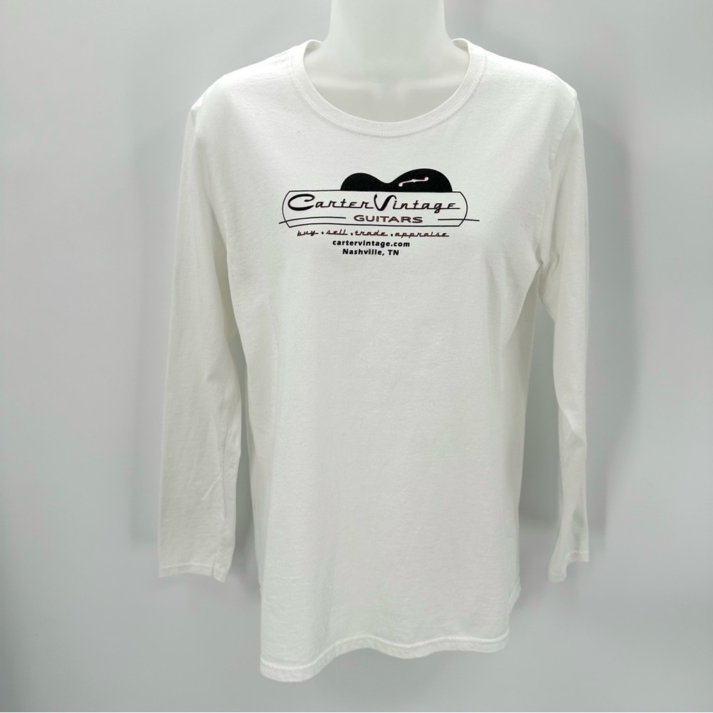 Carter Vintage Guitars Tshirt Ladies L White Gildan Tee Long Sleeve Crew -SPOTS